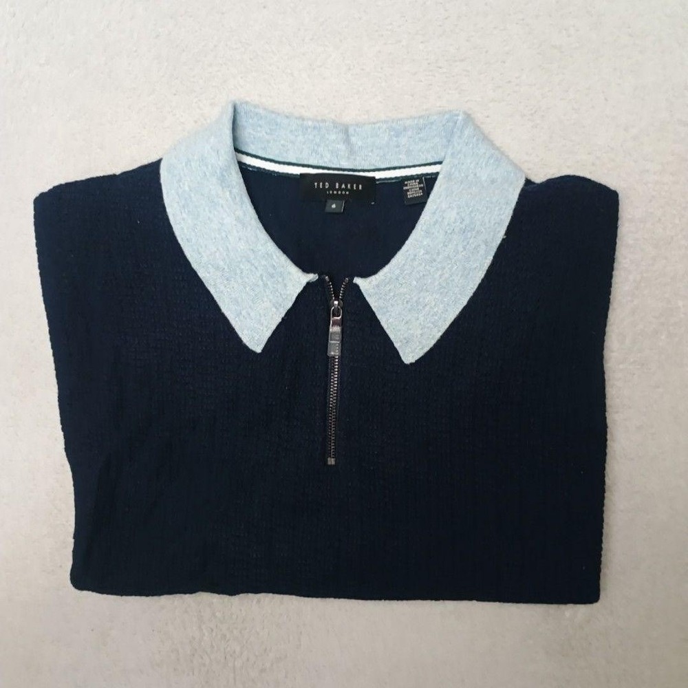 Ted Baker Polo Shirt Mens 6 2XL Blue 1/4 Zip Collared Knit Hemp Wool Casual